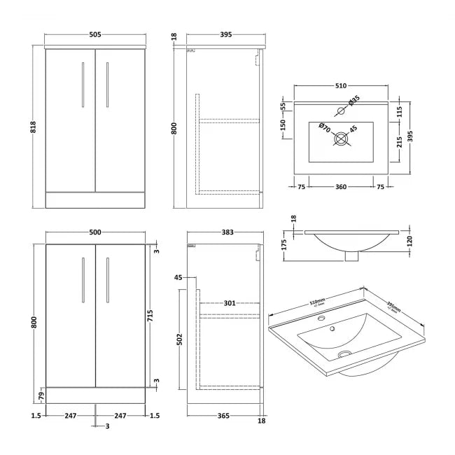 Arno Floor Standing 2-Door Vanity Unit with Basin 500mm Wide - Gloss White